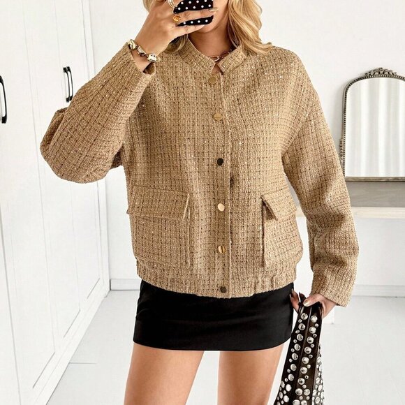 Khaki Preppy Women's Gold Sequin Tweed Jacket - Picture 7 of 9